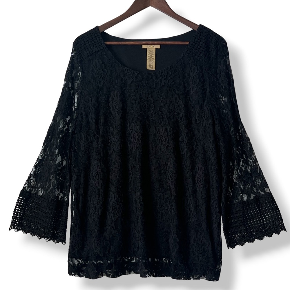 Valerie Stevens Lace Blouse XL Black Floral Crochet Bell Sleeve Fairy Whimsigoth